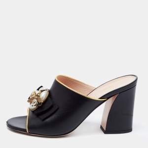 Pre Owned Gucci Black Leather Pearl Bee Embellished Block Heel Slide Sandals Size 38.5