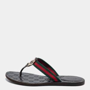Pre Owned Gucci Tricolor Web and Leather GG Thong Flat Slides Size 37.5