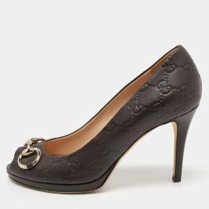 Pre Owned Gucci Brown Guccissima Leather Horsebit Peep Toe Pumps Size 37