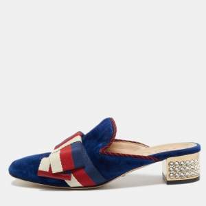 Pre Owned Gucci Blue/Red Velvet Sylvie Bow Mules Size 36