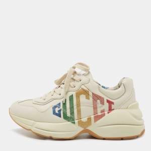 مملوكة مسبقًا Gucci Cream Leather Rhyton Glitter Logo Sneakers Size 36