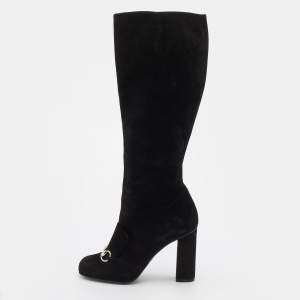 Pre Owned Gucci Black Suede Horsebit Knee Length Boots Size 38
