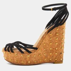 Gucci Black Suede Studded Cork Wedge Platform Ankle Strap Sandals Size 38