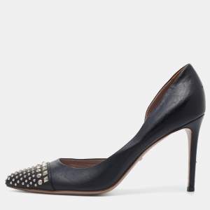 Pre Owned Gucci Black Leather Studded Cap Toe D'orsay Pumps Size 39