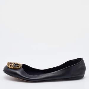 Pre Owned Gucci Black Leather Interlocking G Embellished Logo Ballet Flats Size 36.5