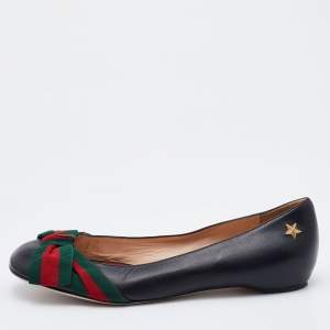 Pre Owned Gucci Black Leather Web Bow Ballet Flats Size 37.5