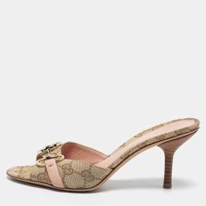 Gucci Beige/Brown GG Canvas Horsebit Slide Sandals Size 35.5