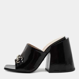 Pre Owned Gucci Back Patent Lexi Horsebit Accent Slide Sandals Size 38