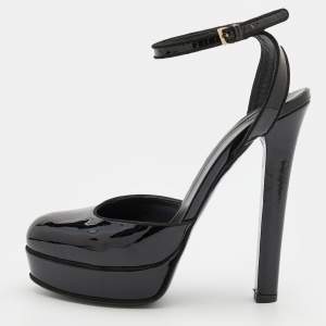 Gucci Black Patent Leather Platform Ankle Strap Pumps Size 37