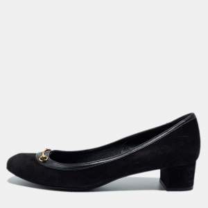 Pre Owned Gucci Black Suede And Leather Horsebit Block Heel Pumps Size 38