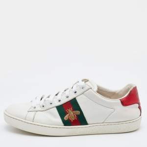 Gucci White Leather Web Detail Bee Embroidered Ace Low Top Sneakers Size 37