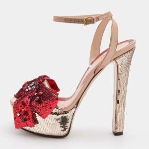 Gucci Beige/Red Sequin and Satin Bow Platform Ankle Strap Sandals Size 38
