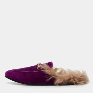 Gucci Purple Fur and Velvet Princetown Mules Size 39