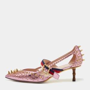 Pre Owned Gucci Metallic Pink Studded Leather Unia Mary Jane Pumps Size 38