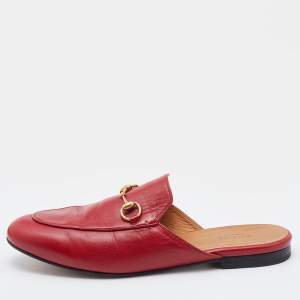 Gucci Red Leather Princetown Horsebit Flat Mules Size 39.5