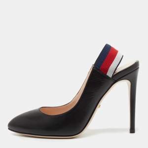 Pre Owned Gucci Black Leather Web Sylvie Slingback Pumps Size 36