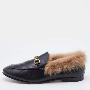 Gucci Black Leather and Fur Princetown Horsebit Slip On Loafers Size 39