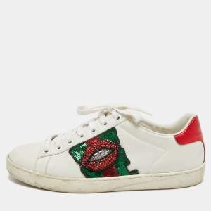 Gucci White Leather Embellished Lip Ace Sneakers Size 37