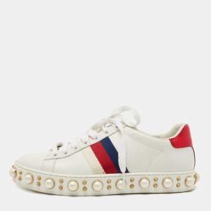 Gucci White Leather Pearl Embellished Ace Sneakers Size 35