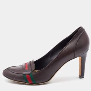 Pre Owned Gucci Dark Brown Leather Web Detail Loafer Pumps Size 38.5