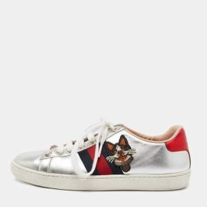 Gucci Silver Leather Embroidered Ace Sneakers Size 35