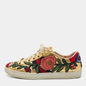 Gucci Gold Python Embossed Leather and Leather Floral Embroidered Ace Low Top Sneakers Size 37