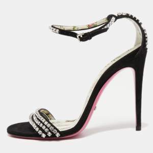 Gucci Black Suede Ilse Crystal Embellished Ankle Strap Sandals Size 37