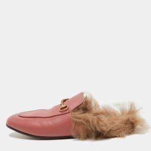 Gucci Pink Leather and Fur Princetown Mules Size 38