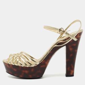 Gucci Metallic Gold Leather Platform Ankle Strap Sandals Size 38.5 