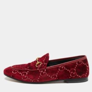 Pre Owned Gucci Red GG Velvet Jordaan Loafers Size 38.5