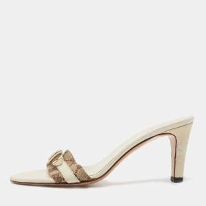 Gucci Off White Leather and GG Canvas Buckle Detail Slide Sandals Size 37