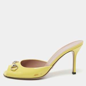 Gucci Yellow Patent Leather Horsebit Open Toe Slide Sandals Size 39.5