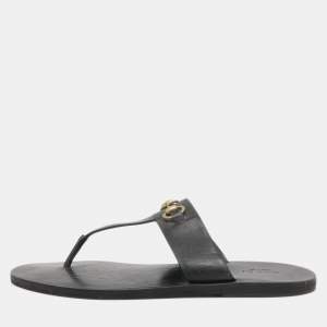 Pre Owned Gucci Black Leather Horsebit Thong Flats Size 37.5