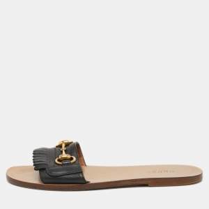 Gucci Black Leather Varadero Horsebit Flat Slides Size 36