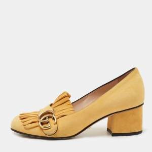 Pre Owned Gucci Yellow Suede GG Marmont Fringe Pumps Size 36.5