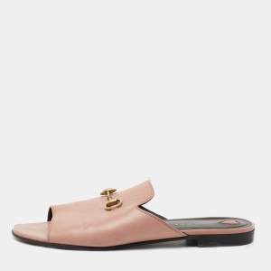 Gucci Pink Leather Malaga Horsebit Flat Slides Size 39