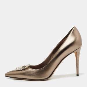 Pre Owned Gucci Metallic Leather Crystal Embellished GG Pumps Size 39.5