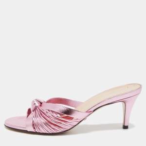 Pre Owned Gucci Metallic Pink Leather Knotted Slide Sandals Size 36.5  