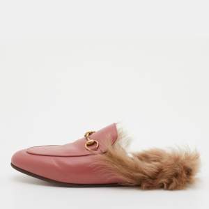 Gucci Pink Leather and Fur Horsebit Princetown Flat Mules Size 38