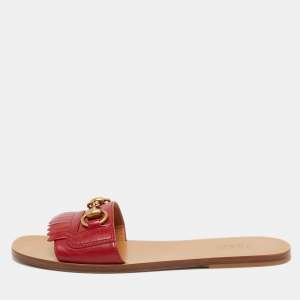 Gucci Red Leather Fringe Horsebit Flat Slides Size 38.5