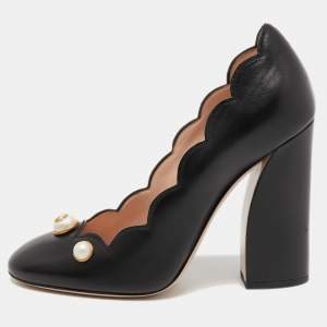 Gucci Black Leather GG Pearl Detail Pumps Size 38
