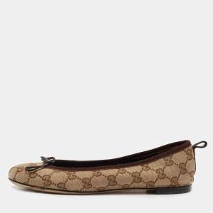 Pre Owned Gucci Beige/Brown GG Canvas Bow Ballet Flats Size 37