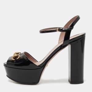 Gucci Black Patent Leather Claudie Sandals Size 38.5