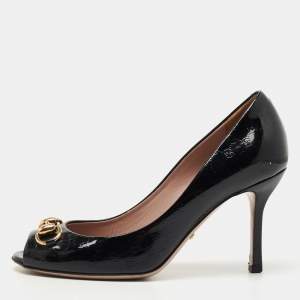 Pre Owned Gucci Black Micro Guccissima Patent Leather Horsebit Peep Toe Pumps Size 36