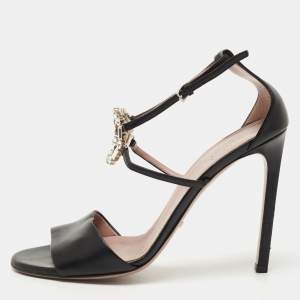Gucci Black Leather Crystal Embellished GG Ankle Strap Sandals Size 39