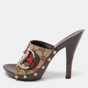Gucci Beige/Brown GG Canvas Horsebit Clogs Size 35