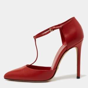 Pre Owned Gucci Red Leather Pointed Toe T-Strap Pumps Size 36.5