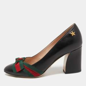 Gucci Black Leather Web Bow Block Heel Pumps Size 38