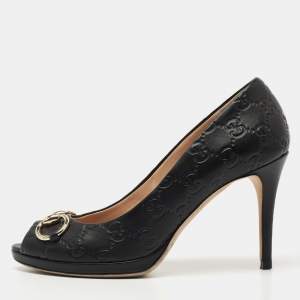 Pre Owned Gucci Black Guccissima Leather Horsebit Hollywood Pumps Size 37.5