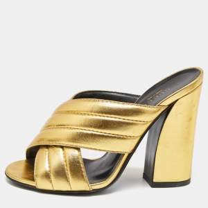 Gucci Metallic Gold Leather Webby Slide Sandals Size 37